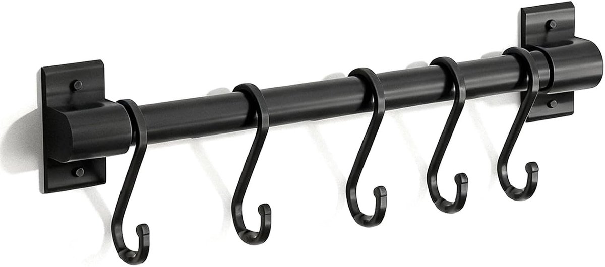 Keukenrail met haken - Zwart - 30 cm - Aluminium Keukengereihouder met 5 Verstelbare Haken - Voor Keuken en Badkamer