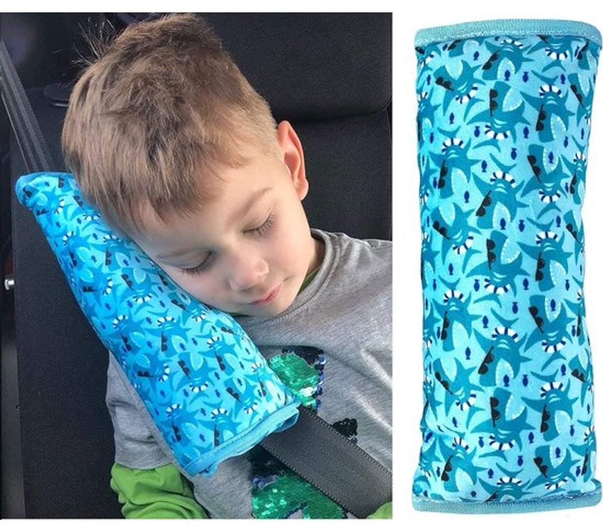auto slaapkussen voor kinderen - machine wasbaar - zacht autogordelkussen, gordelbeschermer, gordelkussen, autokussen, reiskussen, vakantie - 30x12cm (Haai)