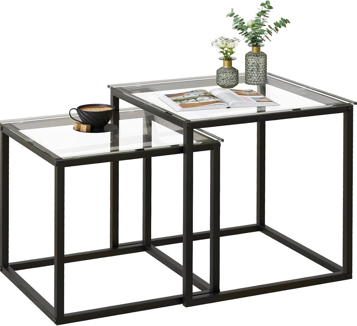 Set van 2 moderne vierkante salontafels van glas - Kleine bijzettafel - Salontafel voor woonkamer, slaapkamer, kantoor - 50/45 cm - Zwart