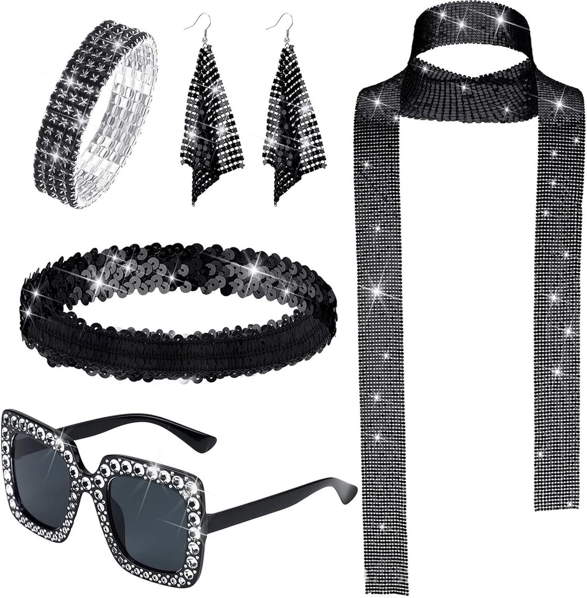 Kostuum voor dames, 5 stuks, disco outfit dames pailletten sjaal oorbellen, zonnebril armband en hoofdband detective accessoires vrouwen jaren 70 80 disco themafeest
