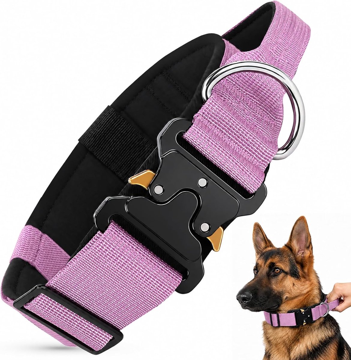 Hondenhalsband voor middelgrote en grote honden, brede, zwaar belastbare, paarse halsbanden met handvat en metalen gesp, verstelbare gewatteerde halsband voor honden, buiten wandelen en