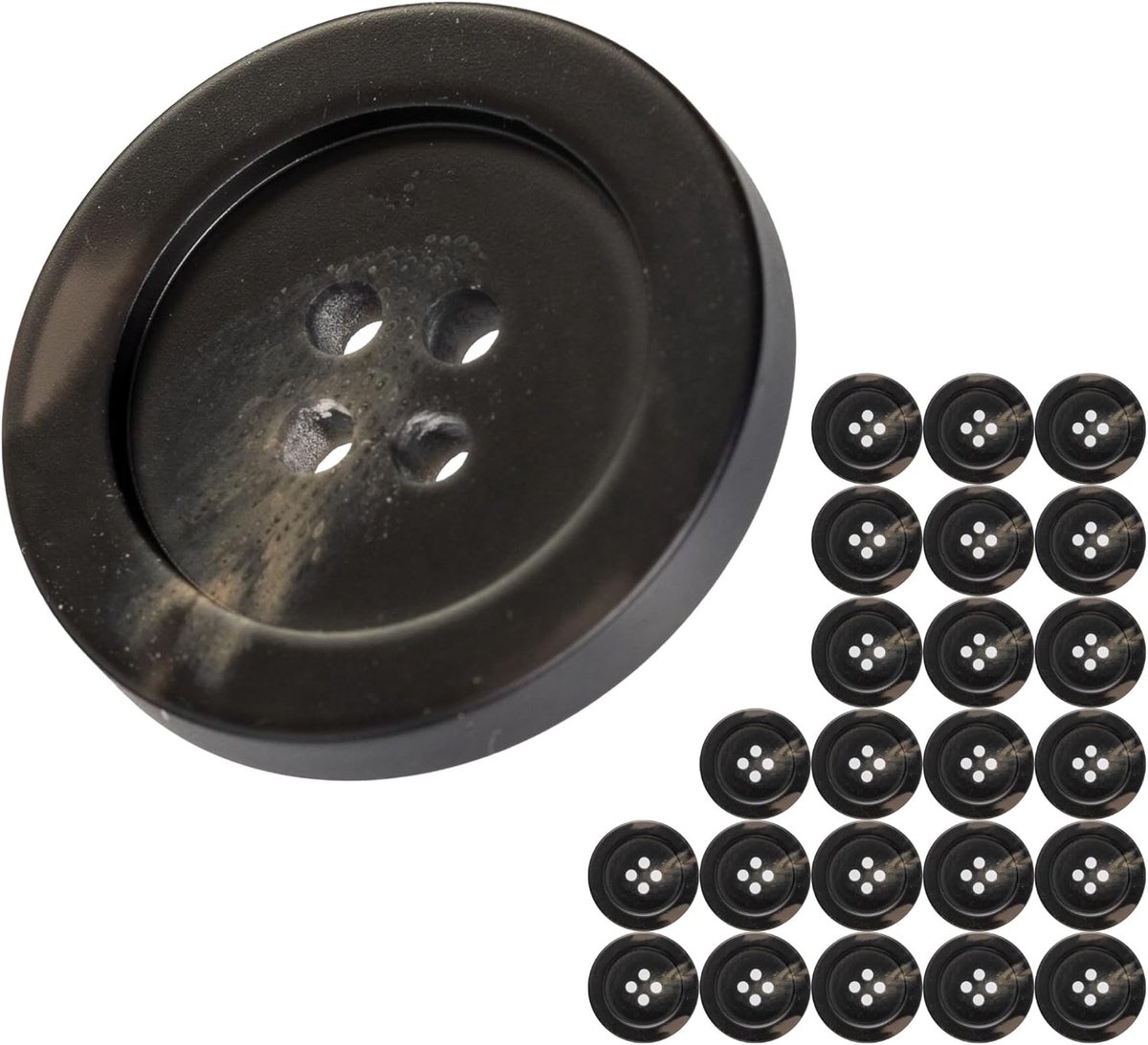 Knopen voor kleding, 24 stuks, 4-gaten, Ø 17,9 mm, zwart, van polyester, maat 28L, harsknopen voor jas, mantel, anorak, winterjas, doe-het-zelf knoop van hars, wasknopen, knutselknopen