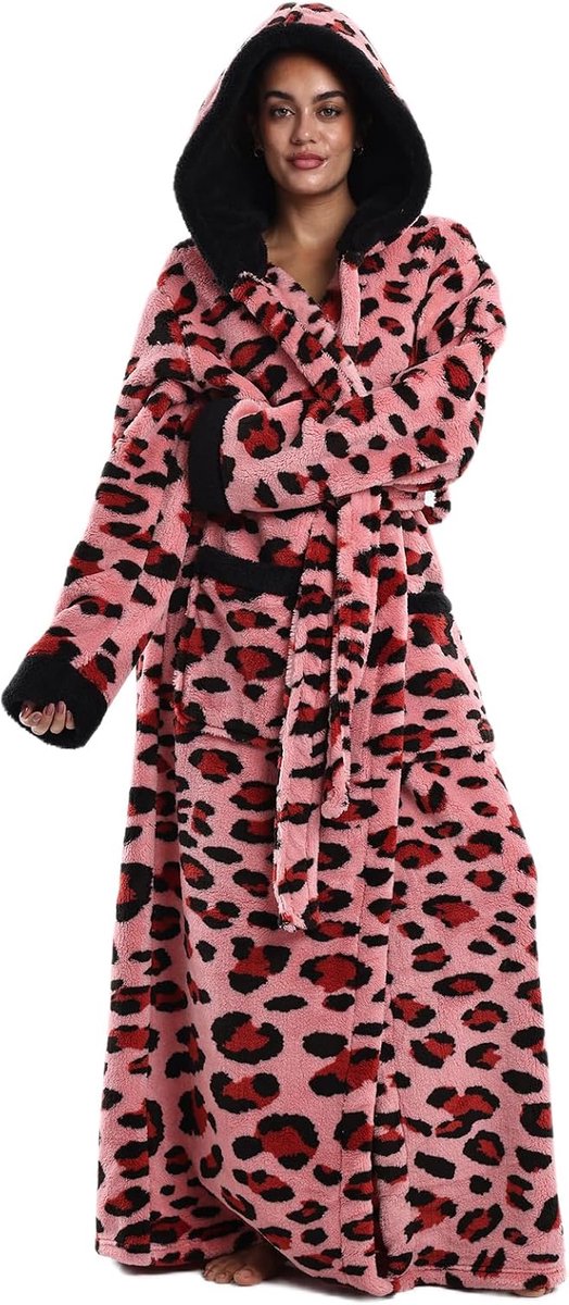 Fleece badjas met capuchon, extra lang (140cm) met 2 zakken en verstelbare riem