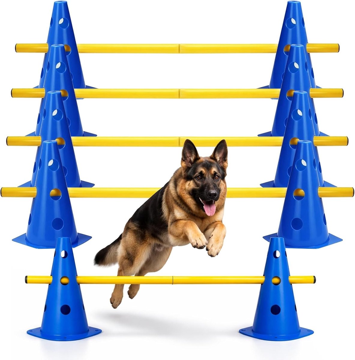 Agility Set voor Honden, Verstelbare Hordes en Cones voor Training, Obstakels voor Hondensport en Behendigheid, 10 Cones + 5 Stokken