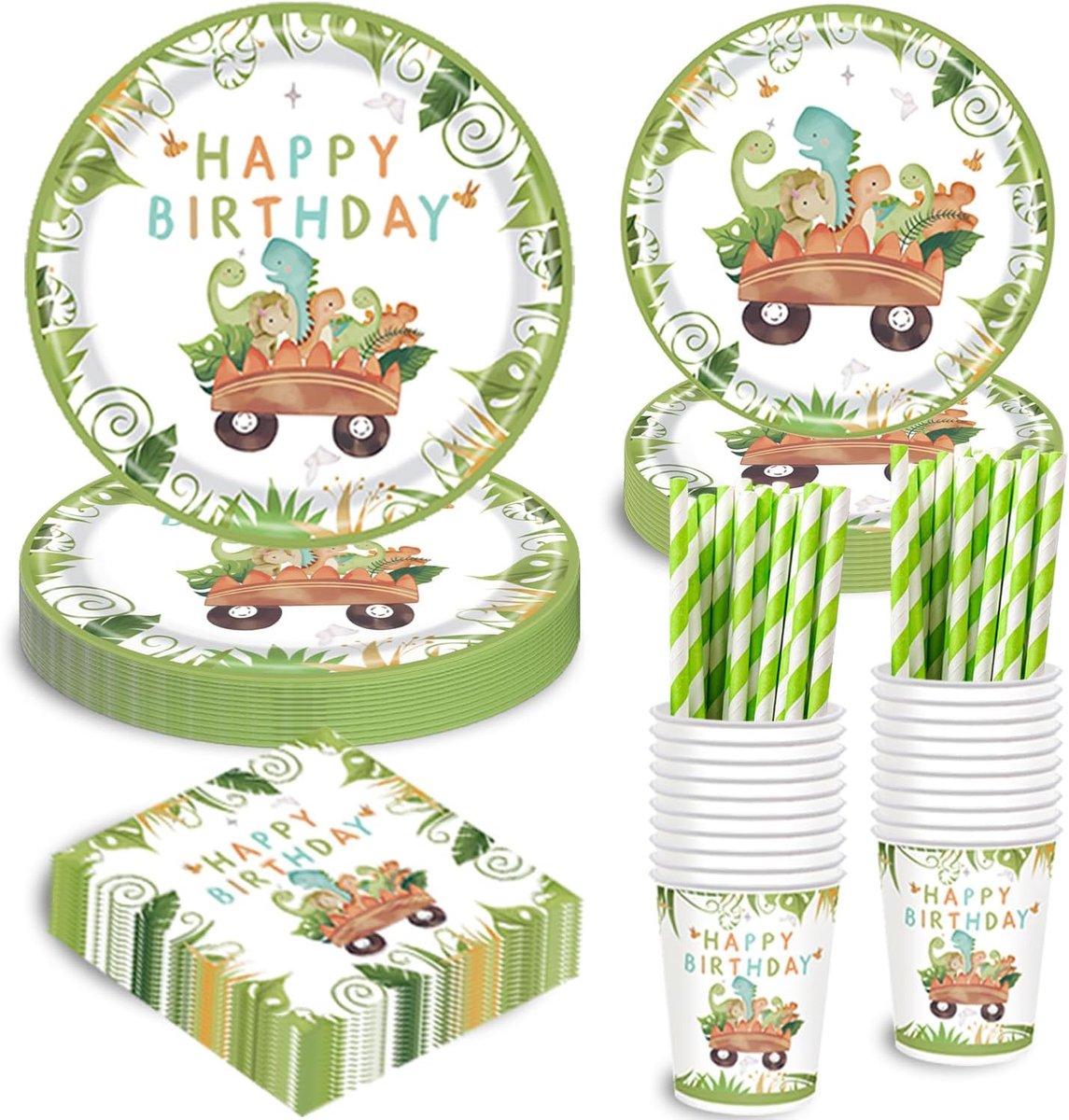 Verjaardagsdecoratie, feestserviesset, dinosaurus, verjaardag, feest, servies, papieren borden, bekers, servetten, rietjes voor feest, kinderverjaardag, decoratie, jongens meisjes, 24