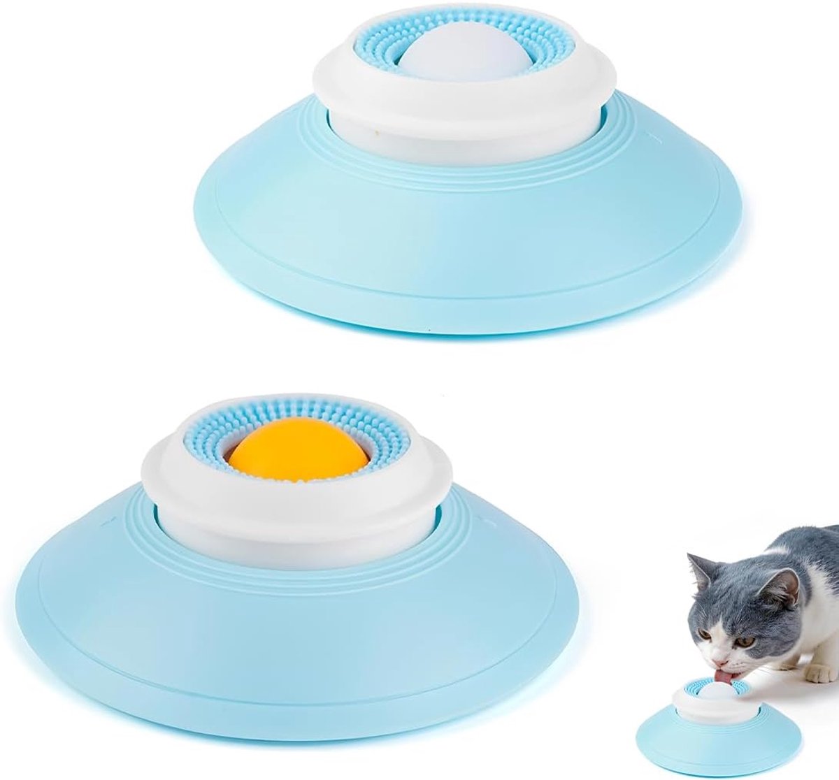Antistressvoerbak voor honden en katten, set van 2 (witte bal + gele bal), met draaibare likbal, kantelbestendige en antislipzuignap, geschikt voor halfvloeibaar voer.