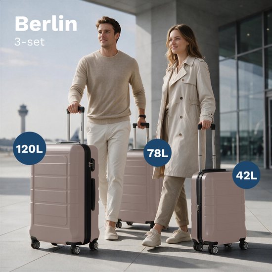 Een man en vrouw met de lichtbruine 'Berlin' 3-set koffers van 120L, 78L, 42L.