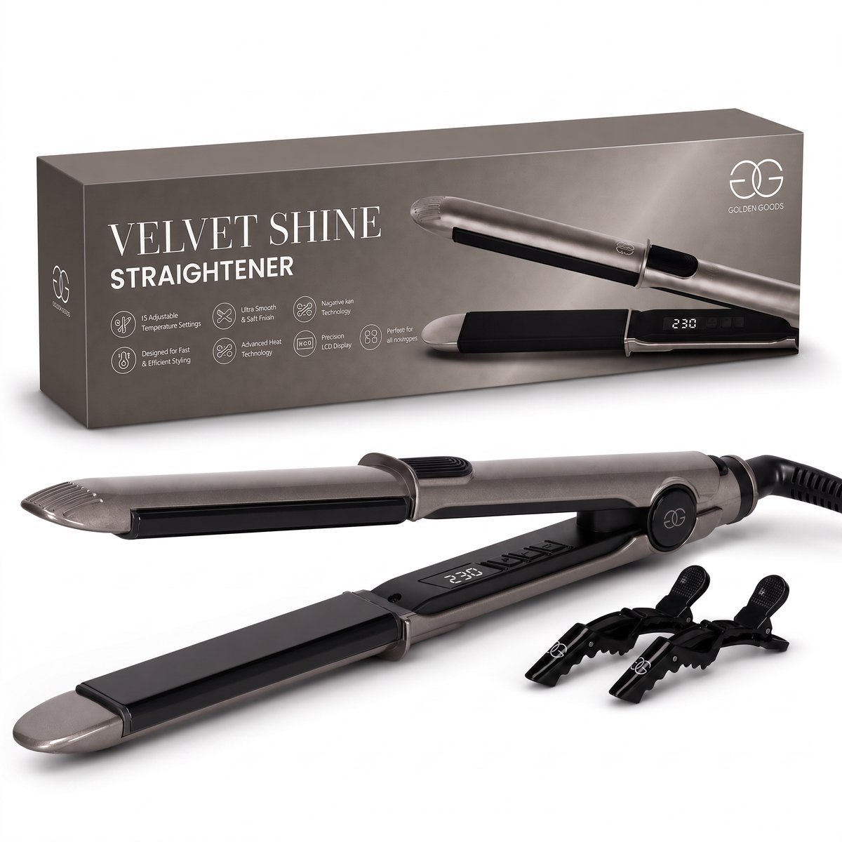 Golden Goods Velvet Shine - Professionele Stijltang - Krultang - Ionische Anti-Frizz Functie - 12 Temperaturen - Titanium & Keramische Coating - Platinum