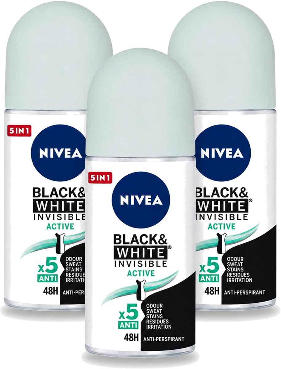 3 x Nivea - Deodorant - Roller - Black & White Invisible - Active - 50 ml - Bulkverpakking - 3 stuks