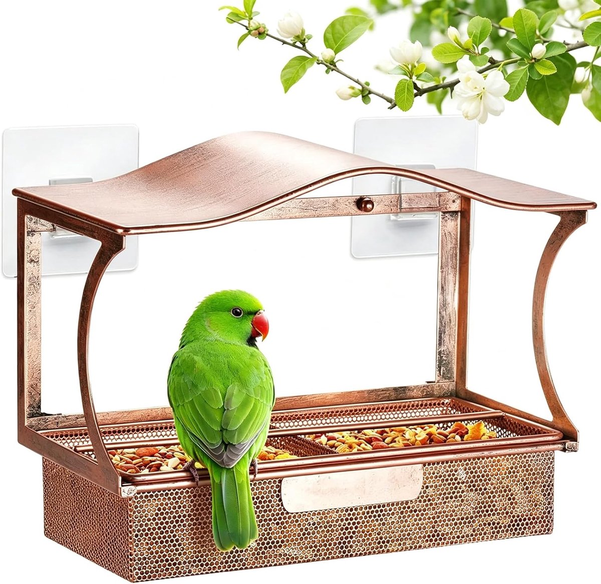 Voederhuisje voor vogels, roestbescherming, metalen vogelvoederdispenser, vogelhuisje met 4 ultrasterke zuignappen, voor tuin, achtertuin, lokt wilde vinkjes aan