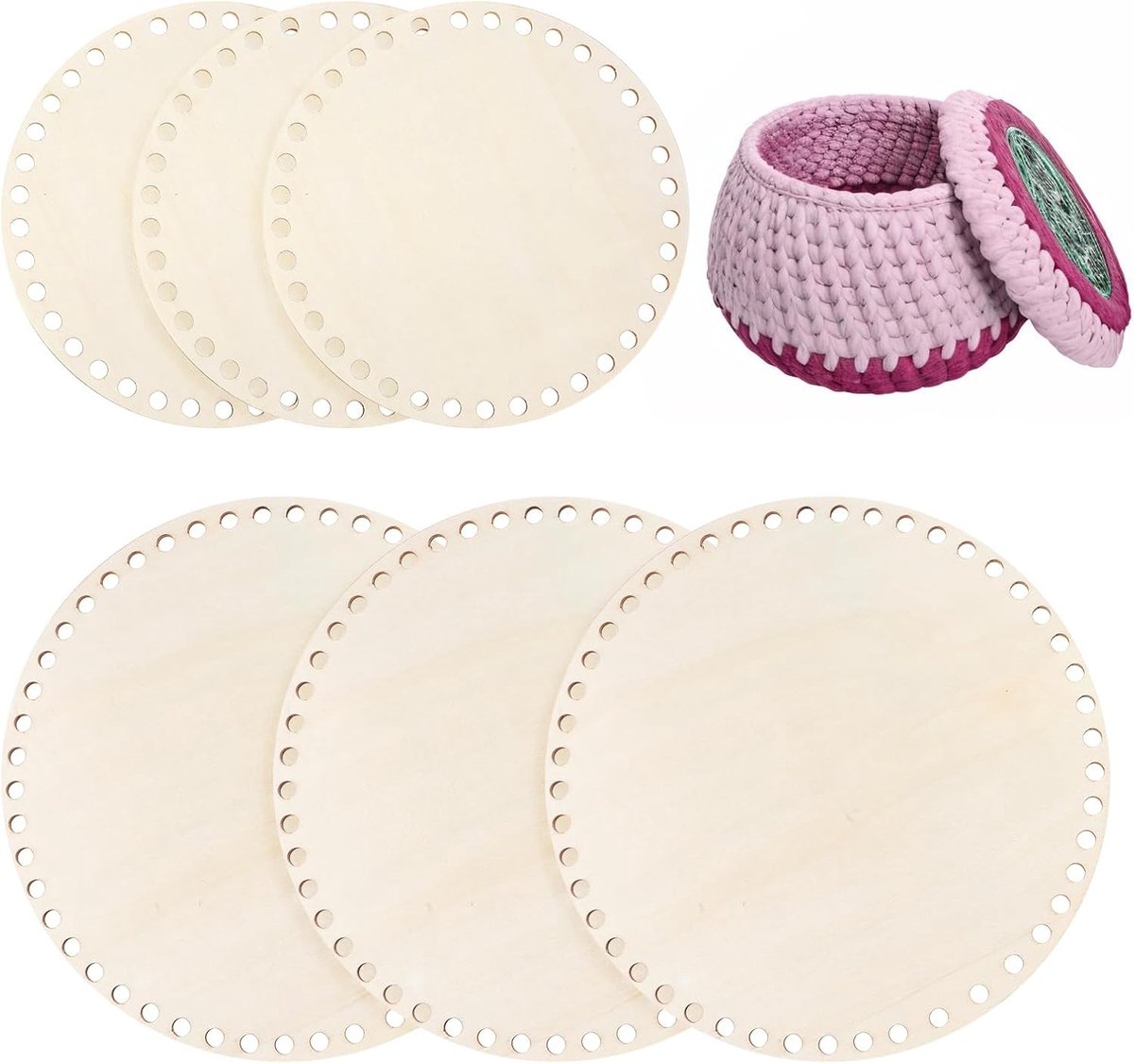 Katoenen Haakmand Bodem voor Ronde Tas, Natuurlijke Houten Bodem voor DIY Mand, Handwerk en Creatieve Projecten, Set van 6 Stuks