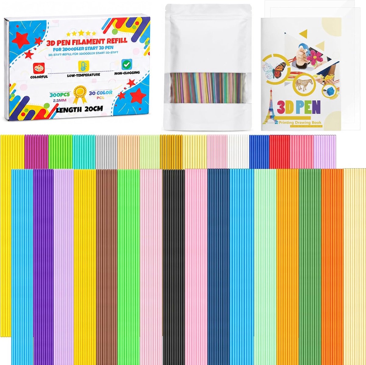 3D-pen filament + 3D-print tekenboek, PCL 2,5 mm navulverpakking voor 3Doodlers Start Pen