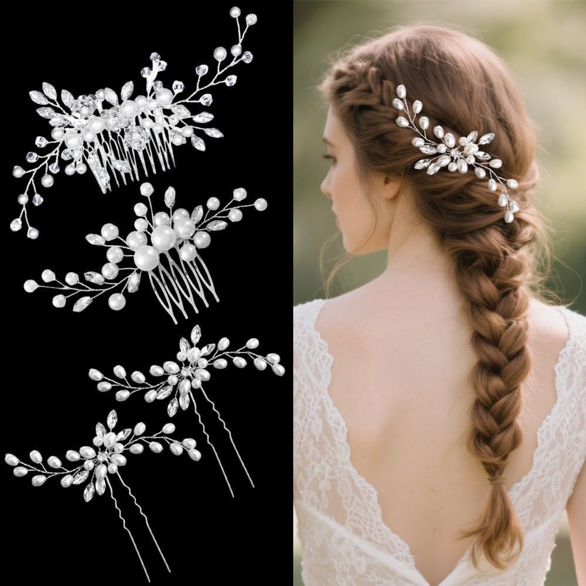 4 Stuks Bruids Haarspelden Bloemen Bladeren Haarkam Haarsieraad Dames Haaraccessoires Bruiloft Haarpins Voor Opsteekkapsel Feest Gala Fotoshoot (Zilver B)