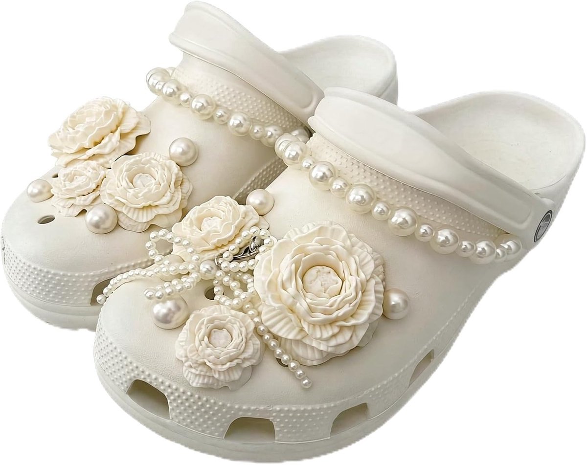 Schoenstekers voor klompen met ketting en strik, witte bloemen, schoendecoratie voor bruid, bruidsmeisjes en vrijgezellenfeest, waterdicht