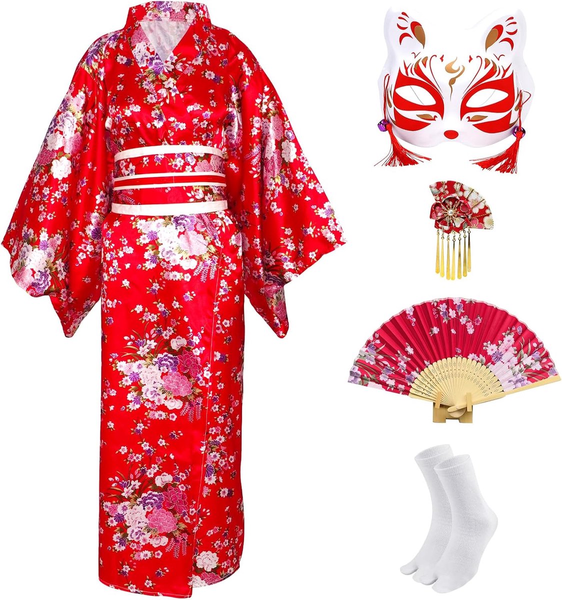5 stuks lange kimono-badjas voor dames, Japanse kimono, ochtendjassen met sakura-print, Japanse Yukata-kostuumset met accessoires