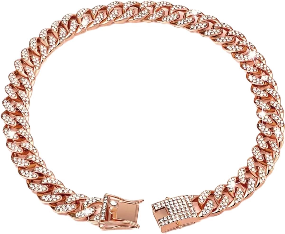 Cubaanse halsband, hondenhalsband met diamanten, verstelbare hondenhalsband van legering met slot, voor kleine, middelgrote en grote honden, katten, roségoud, 50 cm