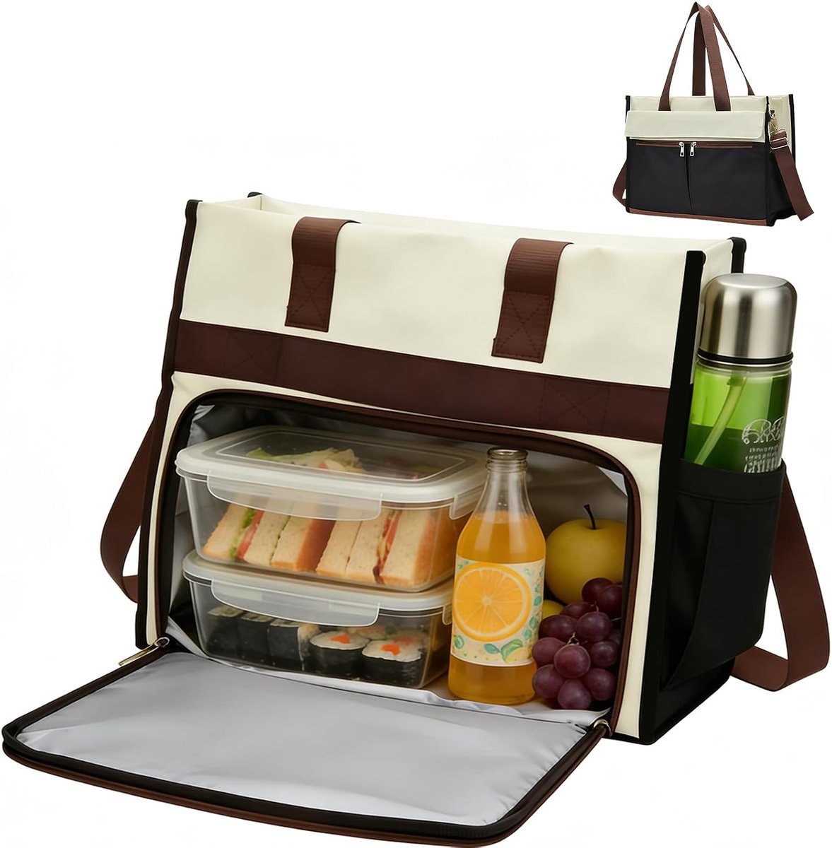 Lunchtas voor dames, laptoptas met geïsoleerd lunchvak, 2-in-1 lunchtas, handtas, multifunctionele draagtas, computertas voor business, kantoor, school (A-zwart-wit (tweekleurig)