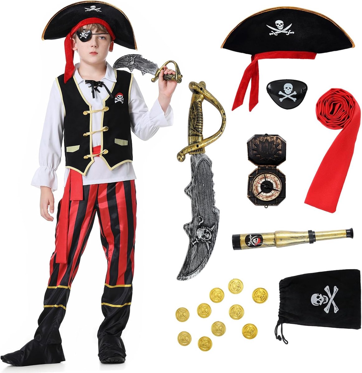 Piratenkostuum voor jongens en meisjes, piratenkostuum voor kinderen, piratenkostuum, piratenoutfit met accessoireset, Halloween, carnaval, piratenkostuum voor kinderen van 3 tot 12 jaar