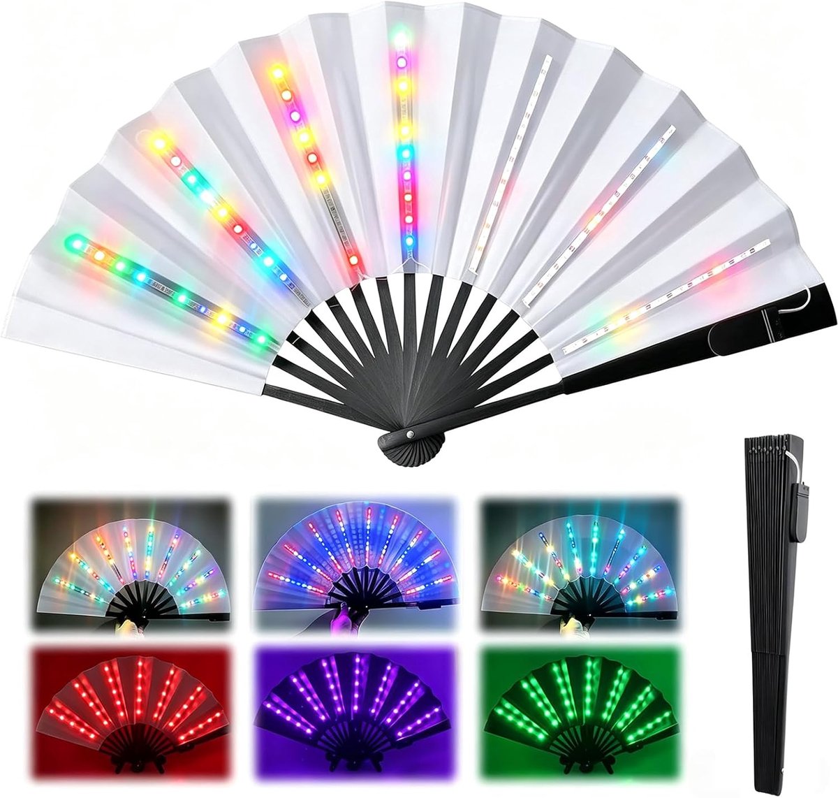 Waaier met ledlicht, opvouwbare handwaaier 63 x 33 cm, lichtgevende vouwwaaier werkt op batterijen, verlichte vouwwaaier, verlichte handwaaier, led-vouwventilator voor feestjes, muziekevenementen