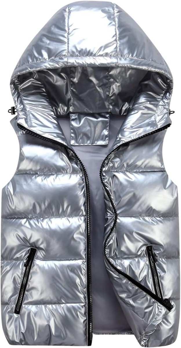 Donsvest Met Capuchon-Modieus Zilver Mouwloos Donsjack Winterslank Kort Warm Jack Buitensporten Skiën Katoen Glanzend Winterkleding Casual Thuis Nieuwjaarsgeschenk,Zilver,Xs