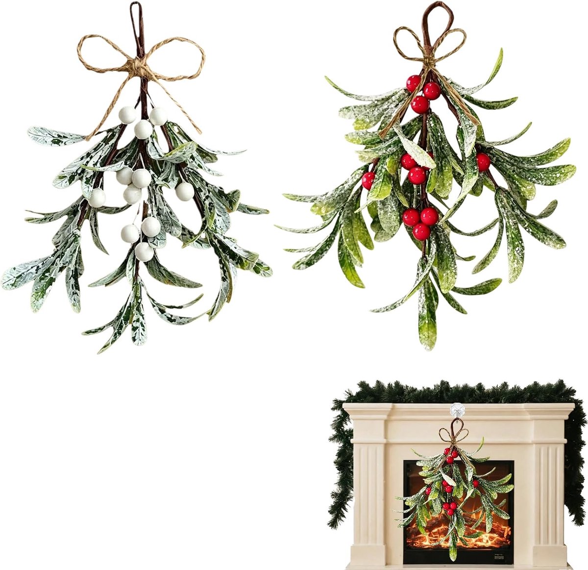 Kunstmatige kersttakken set van 2 stuks met witte gevlekte bladeren, rode bessen en besneeuwd groen, jute lus voor de deur of het raam.