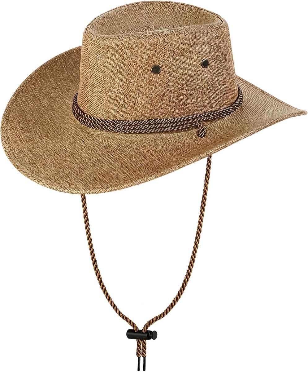 Cowboyhoed voor dames en heren, brede rand, fedora-hoed met windtouw, retro zonnehoed voor outdoor en feest