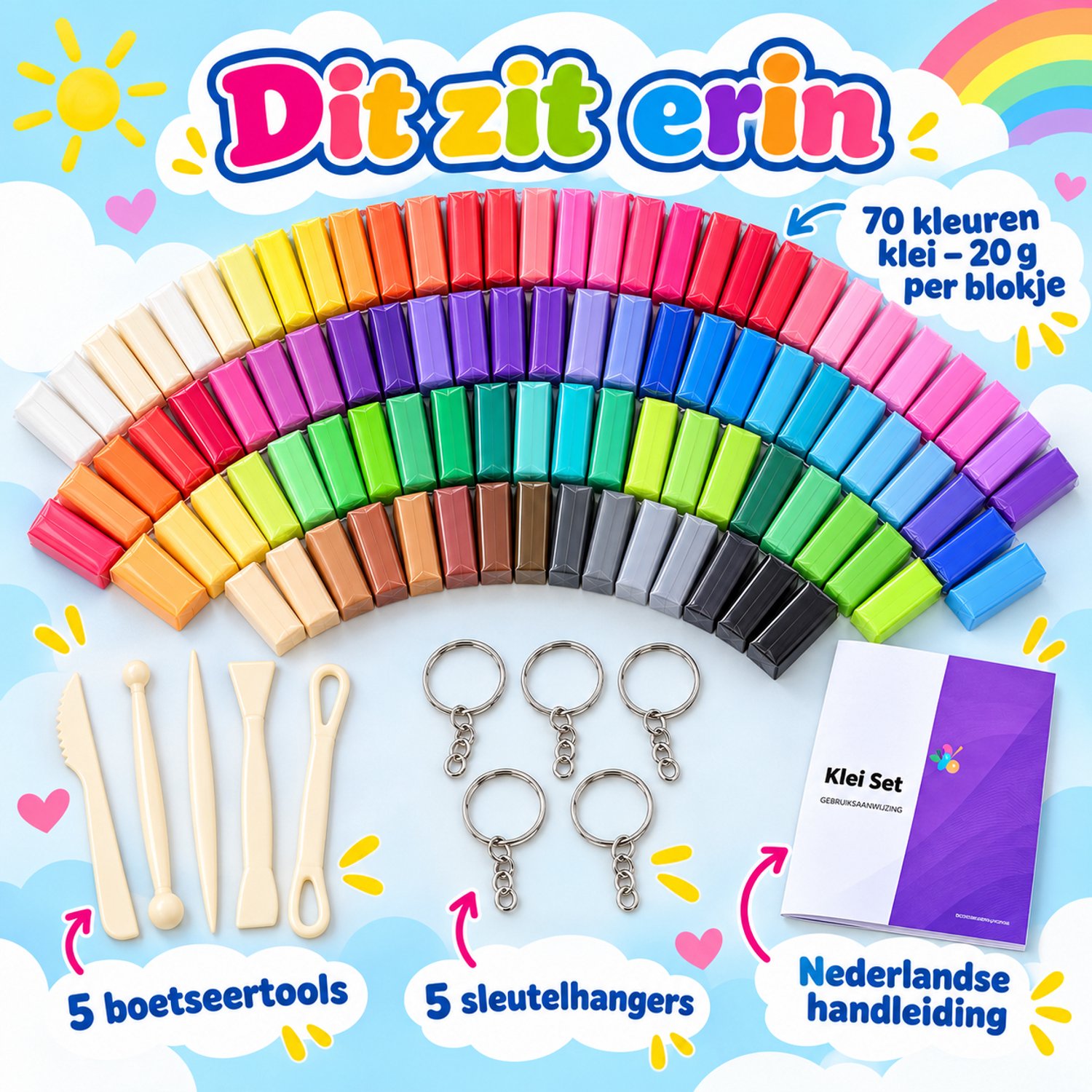 Twenty4seven® Polymeer Klei Set - 70 Kleuren - Boetseerklei om Sieraden te Maken - Knutselpakket voor Kinderen en Volwassenen - Cadeau voor Meisjes en Jongens vanaf 5 Jaar — afbeelding 3