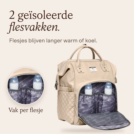 MIMMTI Luiertas Rugzak 2.0 Premium - Blijft vanzelf open - 24,5 L - Incl. verschoonmatje, warmhouder en clips - Beige — afbeelding 3