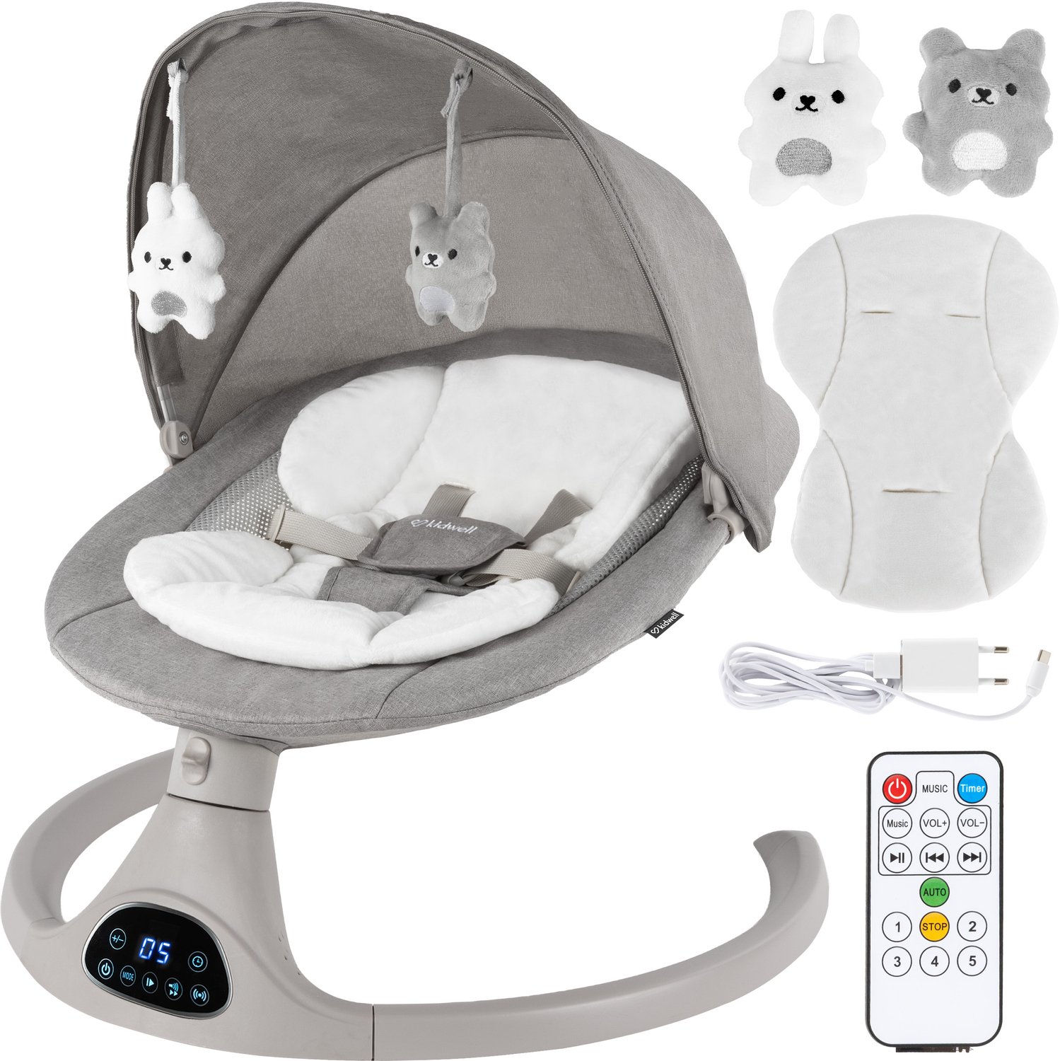 COIL Elektrische Babywip – Babyschommel met Afstandsbediening, 5 Schommelsnelheden, Bluetooth, Bewegingsdetectie, Muskietennet – Grijs