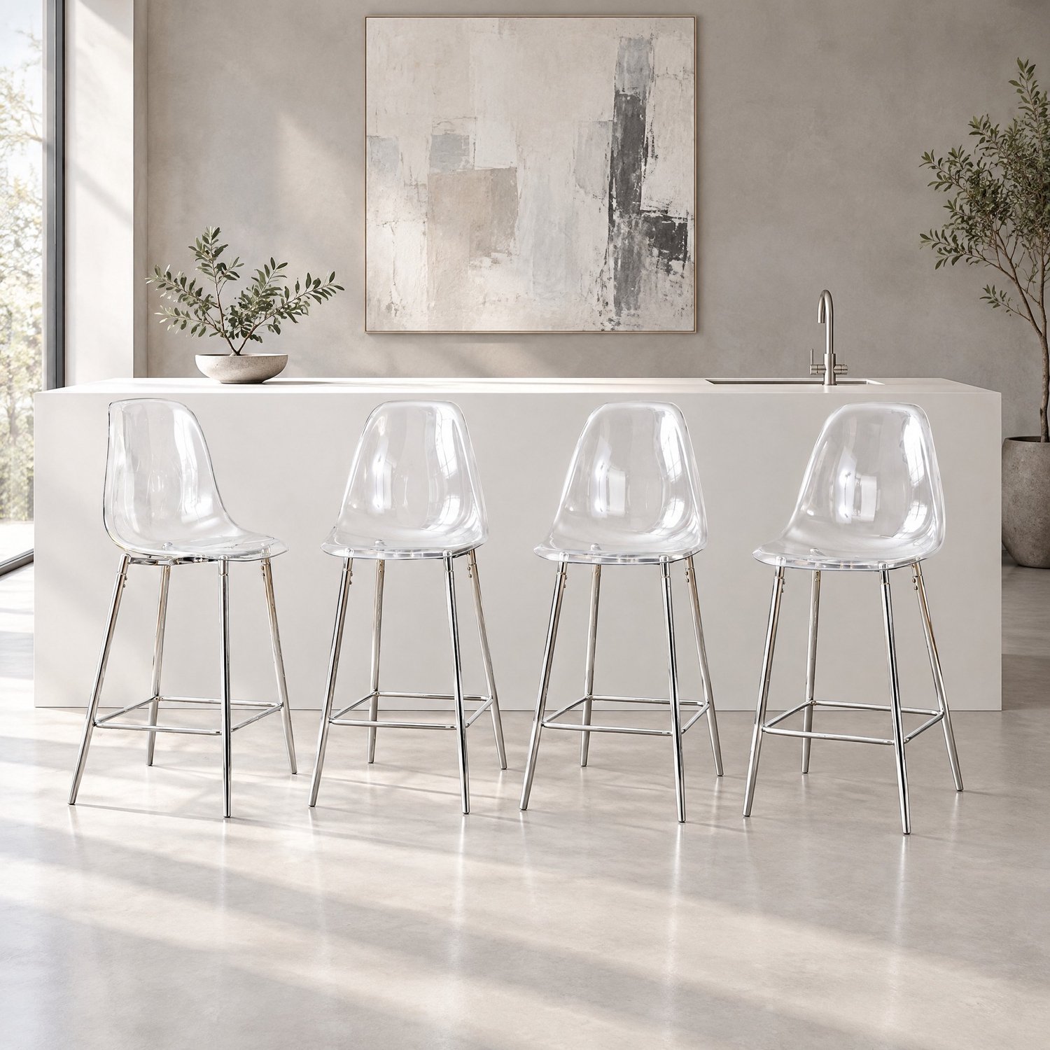 CHICFURN Barkruk - Set van 4 - Transparante zitting - Metalen onderstel - Zilver