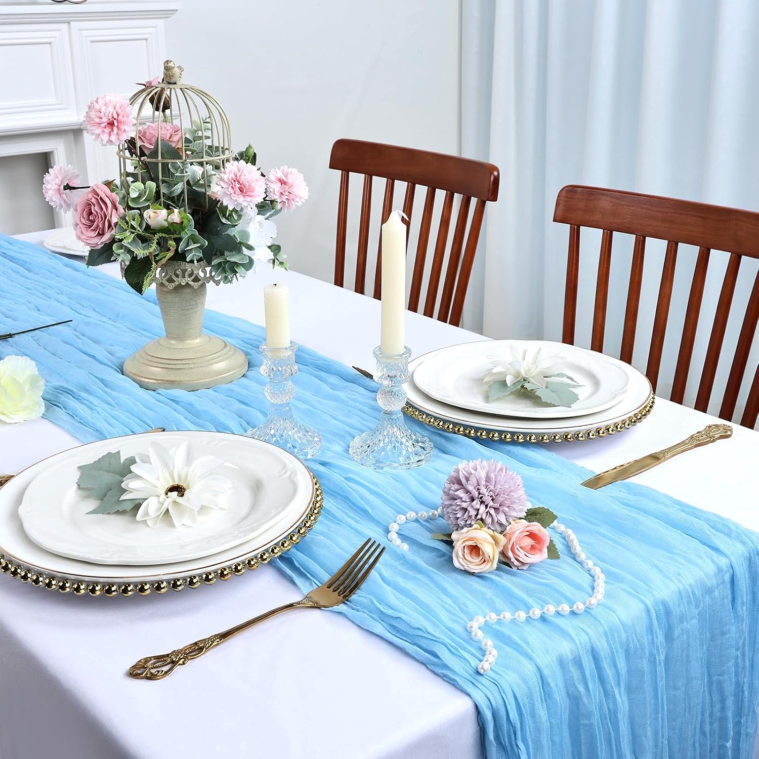 Set van 6 terracotta tafellopers van gaasstof (23 x 120 inch) – Transparante, rustieke boho-stof voor bruiloften, verjaardagen, babyshowers, herfstdecoratie en Thanksgiving（blauw）