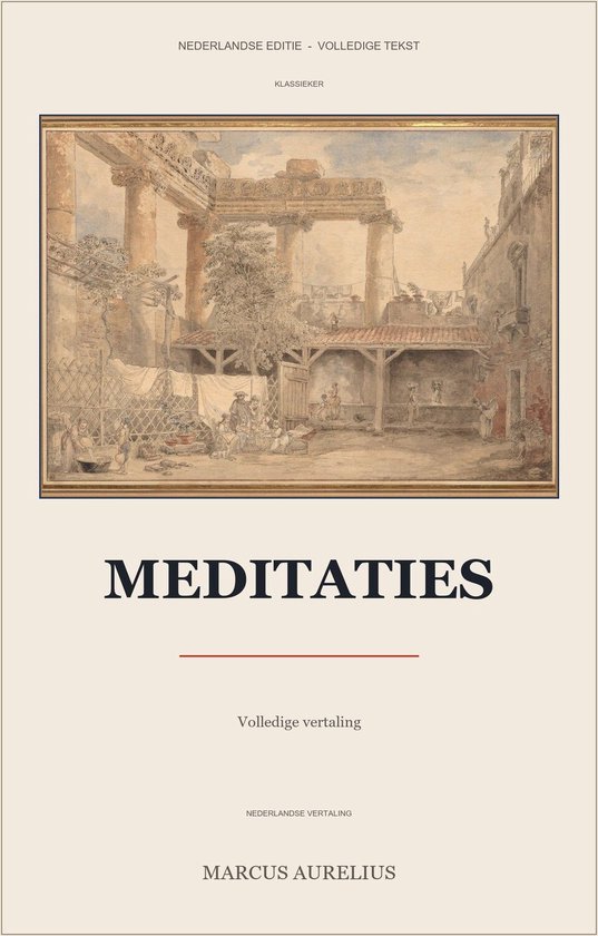 Boekomslag 'Meditaties' van Marcus Aurelius met een historische tekening van antieke ruïnes in sepia.