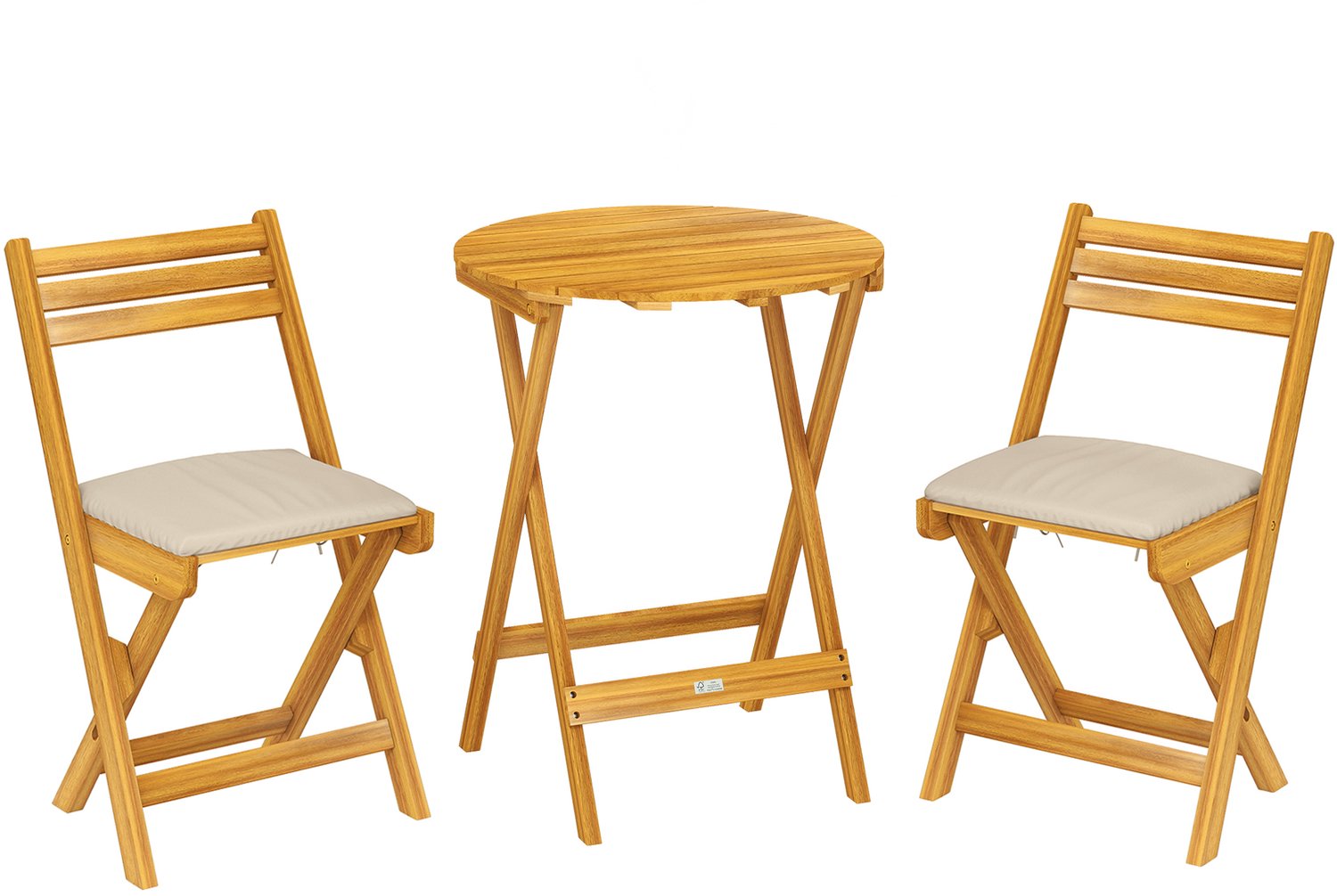 Sunona 3-delige balkonmeubelset - Inklapbaar - Van acaciahout - Met 2 stoelen, tafel en kussens - Ø60 x 75 cm - Natuurlijk hout/Beige