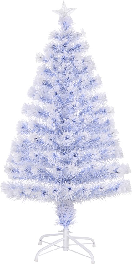 Witte kunstkerstboom met blauwe vezels en stervormige toppen op een witte metalen standaard.