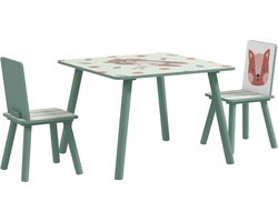Kidon Kindertafelset - Met tafel en 2 stoelen - Met dierenmotieven - Van MDF en massief hout - 60 x 60 x 44 cm - Groen