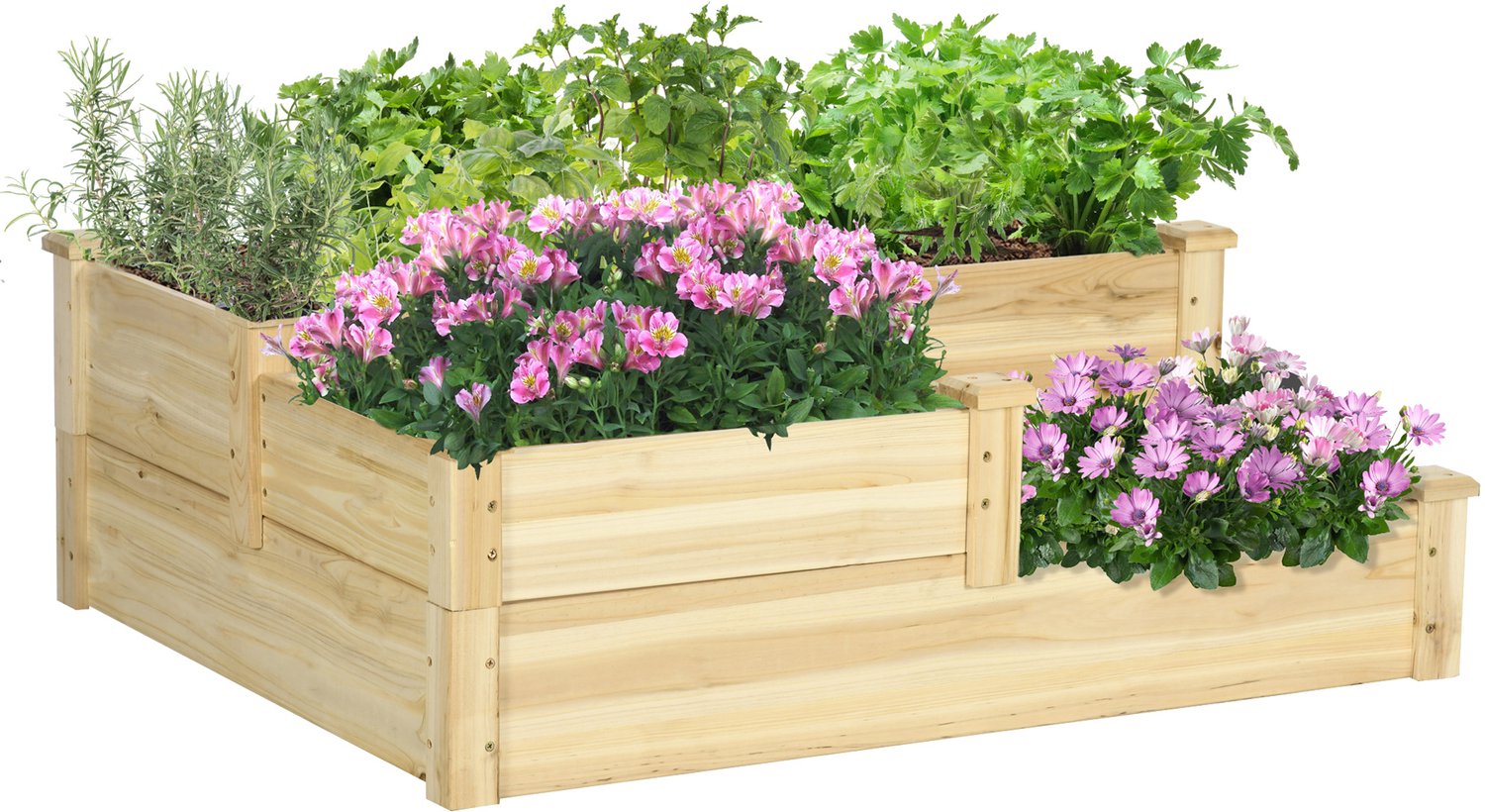Sunona Verhoogd moestuinbed met 3 plantenbakken - Stufenontwerp - Tannenout - 108 x 88 x 36 cm - Natuur