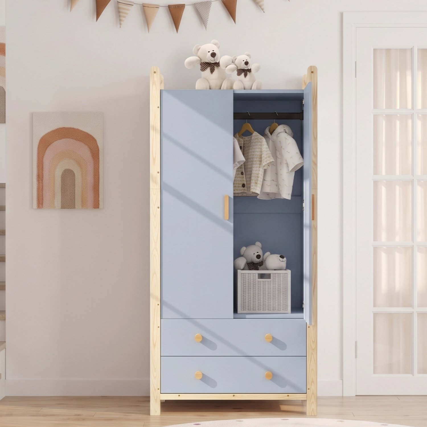VVBV Kledingkast / Kledingkast met lades 90x45x180 cm – 2 Lades, Kledingstang, 2 Deuren – voor Slaapkamer & Garderobe – Massief hout/MDF / Blue/Neutral Blauw