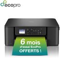 Zwarte Brother multifunctionele inkjetprinter met een vel papier waarop staat: 6 maanden EcoPro-proefperiode gratis.