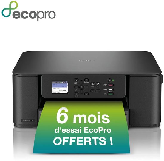 Zwarte Brother multifunctionele inkjetprinter met een vel papier waarop staat: 6 maanden EcoPro-proefperiode gratis.