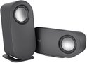 Twee grijze, ovaalvormige Logitech-luidsprekers, één rechtopstaand en één liggend, met zilveren drivers.