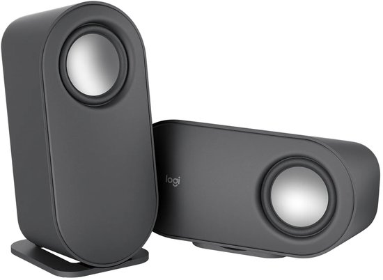 Twee grijze, ovaalvormige Logitech-luidsprekers, één rechtopstaand en één liggend, met zilveren drivers.