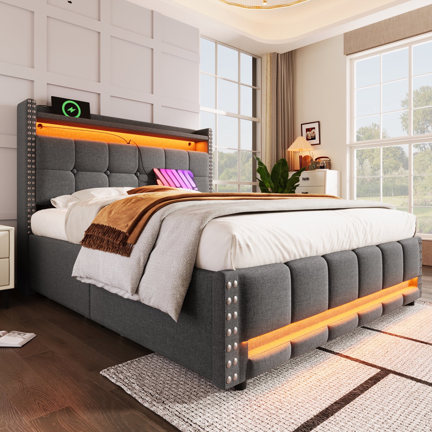 Merax 140x200 cm gestoffeerd bed - met LED-verlichting en USB-poort - met opbergruimte - 4 laden - grijs - zonder matras