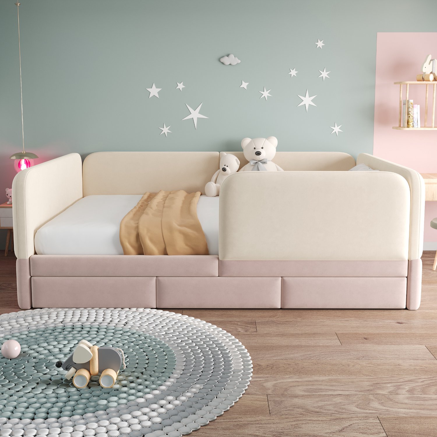 Merax Kinderbed 140 x 200 cm - met volledig omrande veiligheidshekken - met lade - roze - zonder matras