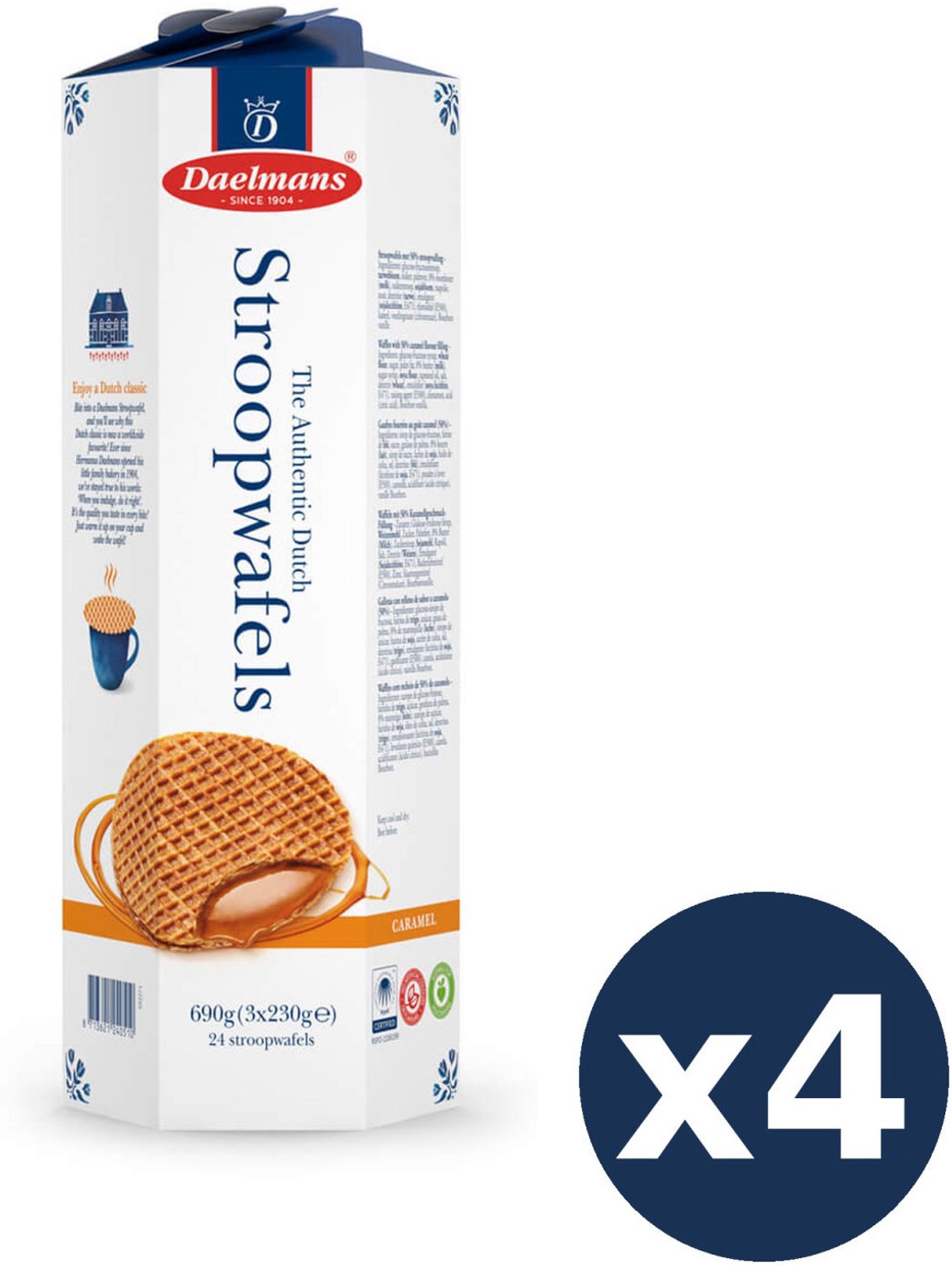 Daelmans Karamel Stroopwafels 4-Pack Bundel, Hexa Toren met 96 Stroopwafels, Traditioneel Hollands Recept uit 1904