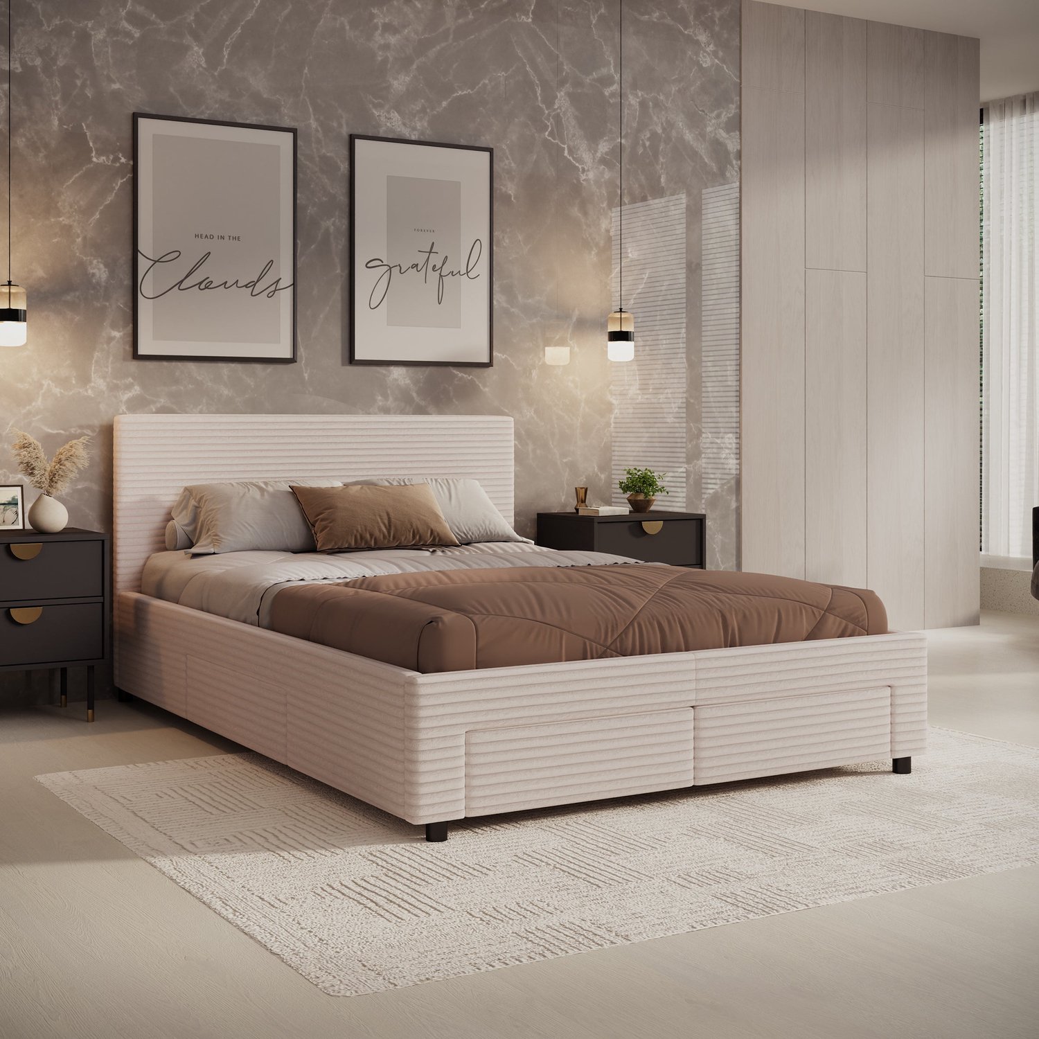 MEUBELLA Tweepersoonsbed Suente - Beige ribstof - 140x200 cm