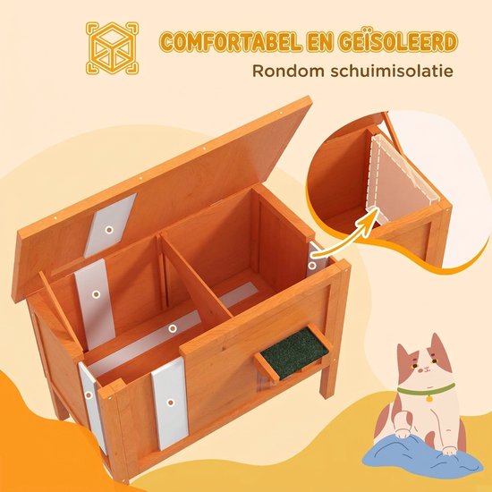Geïsoleerd oranje houten kattenhuis met schuimisolatie en een verdeeld interieur.
