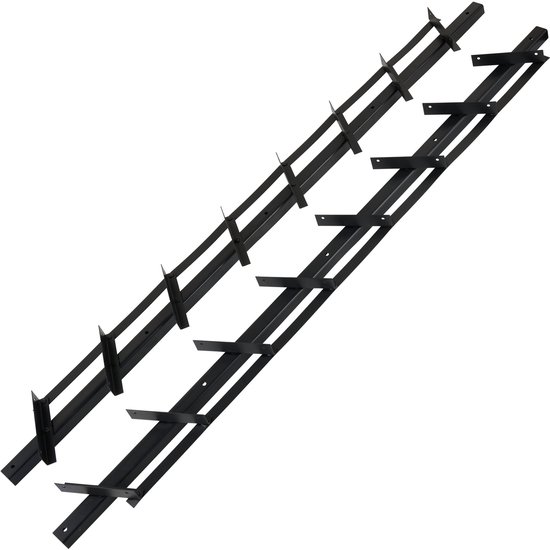 Twee zwarte RVS lamelsystemen voor draaibare tuinschermen, 95 cm lang.