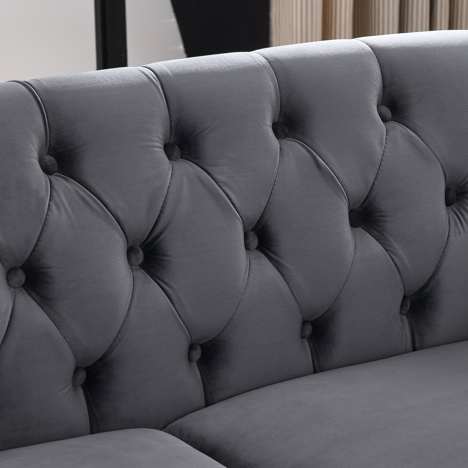 OKWISH Chesterfield Bank 2-Zits 148 cm - Gecapitonneerde Rugleuning en Siernagels - Woonkamer en Kantoor - Fluweel en Hout - Grijs