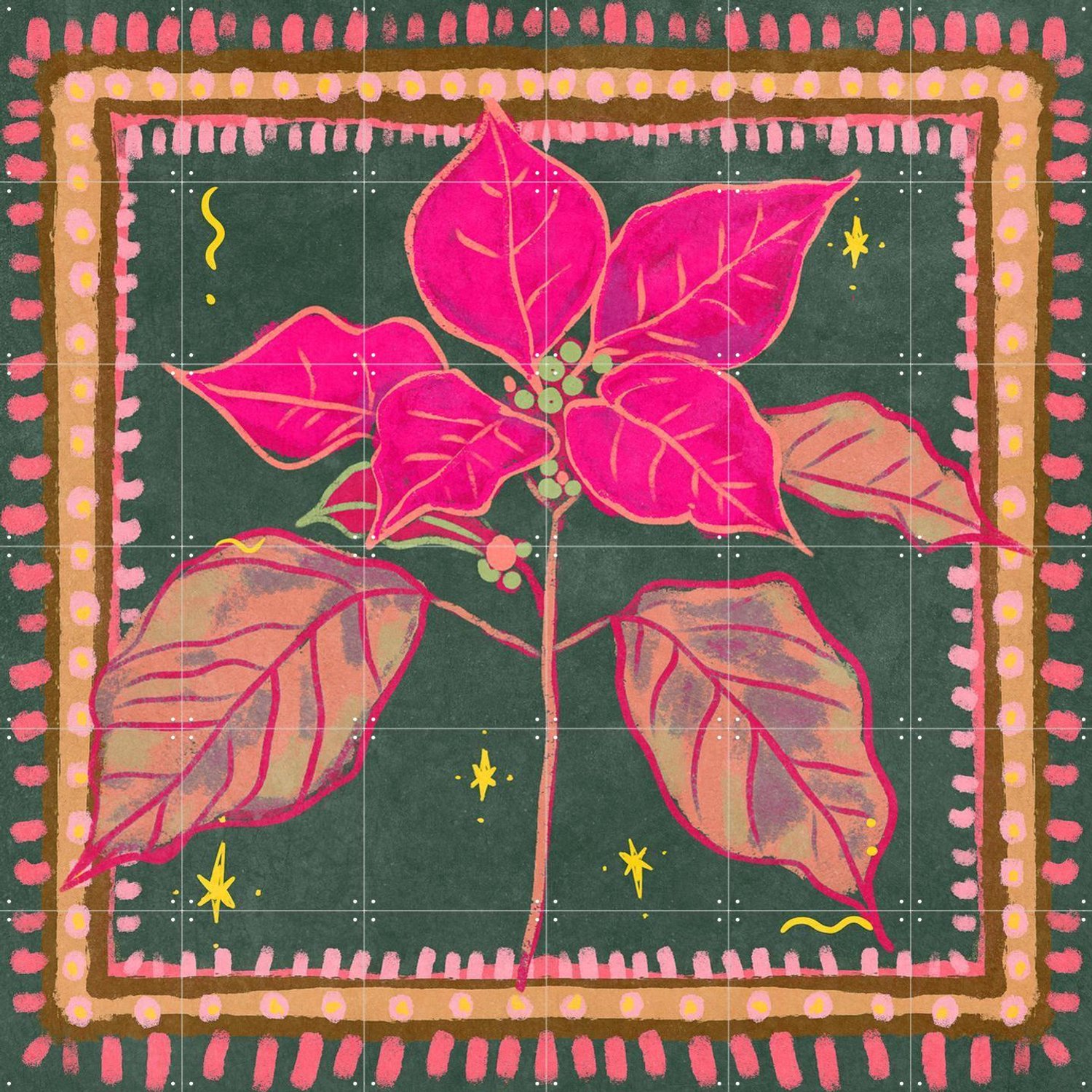 IXXI Weihnachtsstern Poinsettia, Raissa Oltmanns - 120 x 120 cm - Grote wanddecoratie en posters - Illustraties, Kleurrijk, Woonkamer, Gang Roze / Groen