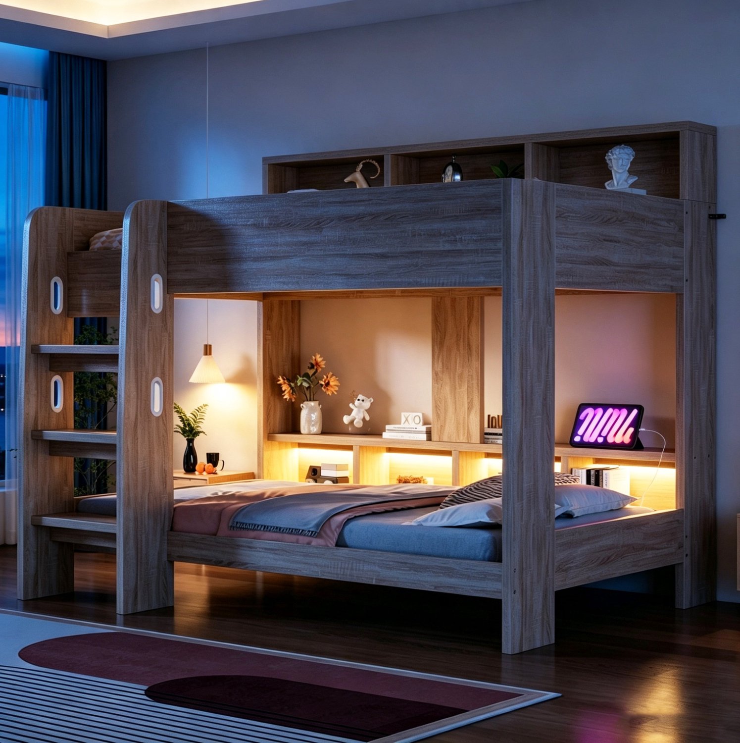OKWISH Stapelbed 90x200 cm - Veiligheidshek en Brede Ladder - Opbergvakken met Verlichting en Stopcontacten - MDF en Multiplex - Zonder Matras - Naturel Naturel hout